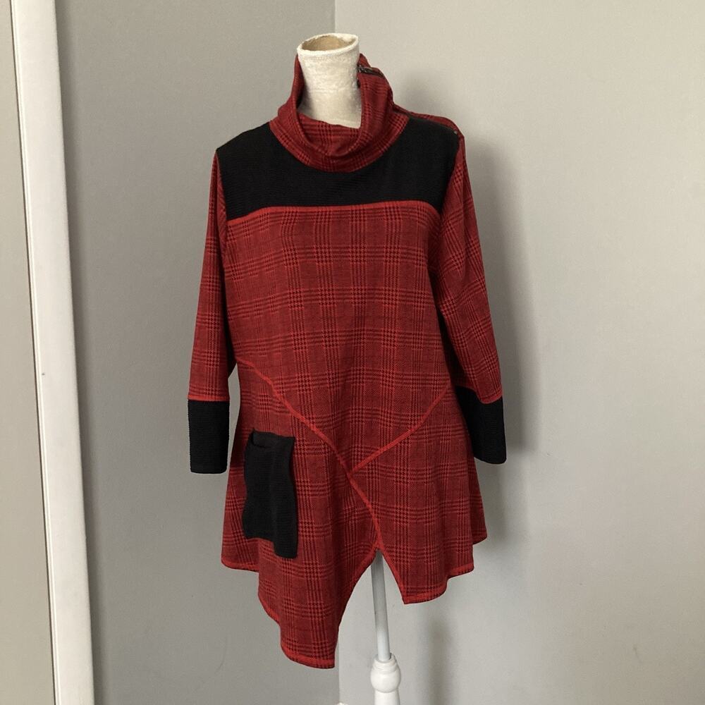 Calessa Tunic Lagenlook Black & Red Houndstooth turtleneck Women's Size 1X